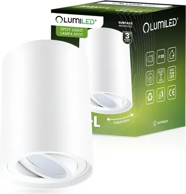 Obrázok produktu pre LUMILED bodové svietidlo na povrchovú montáž, stropné svietidlo na povrchovú montáž, stropné bodové svietidlo na povrchovú montáž, okrúhle, otočné o 15°, biele, bodové stropné svietidlo z hliníka, pätica GU10, 230 V, dĺžka: 8,5 cm, výška: 11,5 cm