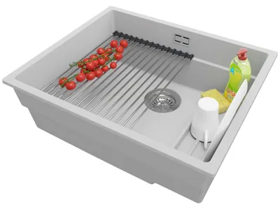 Produktbild von PRIMAGRAN Unterbauspüle Granit Grau 56x47cm, Spülbecken 1 Becken + Ablauf-Set + Aufrollbare Abtropffläche, Granitspüle ab 60er Unterschrank - Praga