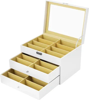 Produktbild von Sonnenbrillen & Brillen Aufbewahrung - 3-stöckige Displaybox - 24 Fächer - Klappdeckel - Glasdeckel - Kunstleder - Weiß