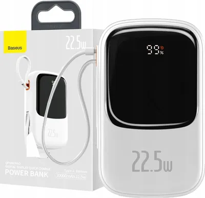 Immagine prodotto di Baseus Qpow Powerbank con display digitale e carica rapida 20000Mah 22,5W Qc/Pd/Scp/Fcp con cavo Usb-C incorporato Bianco