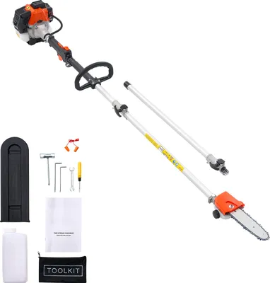 Zdjęcie produktu dla SucceBuy Podnośnik do gałęzi z silnikiem benzynowym, 25 cm3, 2-suwowy, piła łańcuchowa z teleskopowym drążkiem o długości od 2 do 2,74 m, ostrzem 20,3 cm i zbiornikiem paliwa o pojemności 650 ml, idealna do cięcia gałęzi na dużych wysokościach.