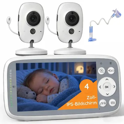 Produktbild von Babyphone mit 2 Kameras 4 Zoll Bildschirm 3x Zoom unsichtbare IR Nachtsicht VOX Lautstärkeregelung Schlaflied Halterung