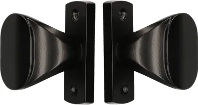 Two black door knobs with mounting plates are shown against a white background.
