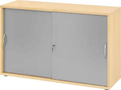 Produktbild von bümö Schiebetürenschrank office - 2 Ordnerhöhen - Nachbildung Ahorn/Silber, Griff: Bogengriff (Metall)