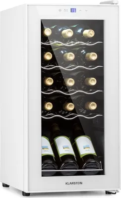 A white wine cooler with a glass door, showing multiple bottles of wine inside.