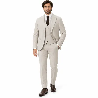 Produktbild von 3 Tlg. Herren Anzug Slim Fit, Sakko, Weste & Hose, Festlich Set, Businessanzug, Hochzeitsanzug, Festanzug, Herren Anzug Set, Beige, KI-generiertes Bild
