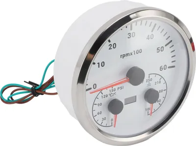 Obrázok produktu pre 110 mm otáčkomer DC 9 až 32 V, 6000 ot./min, 0,150 PSI, tlak oleja, 100–250 °F, teplota vody, 3 v 1 meradlo pre nákladné vozidlá, lode, karavany, biely ciferník, strieborný rámček CXA084