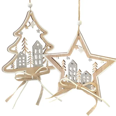 Produktbild von Weihnachtsanhänger Baum & Stern Winterstadt 2er Set H 15 B 15 cm – Natur-Silber – Logbuch-Verlag