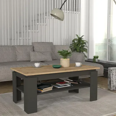 A living room scene with a couch, coffee table, and plants.