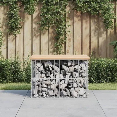 Produktbild von Gartenbank aus Kiefernholz mit Gabionensockel - Komfortables Sitzen für Terrassen und Hinterhöfe - 63x44x42 cm Model834353