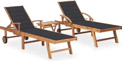 Produktbild von Sonnenliegen 2 Stk. mit Tisch und Auflagen Massivholz Teak