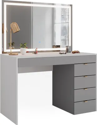 A modern vanity table with a large LED mirror and drawers.