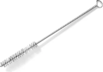 A metal cleaning brush with a loop at the end of the handle, lying on a white background.