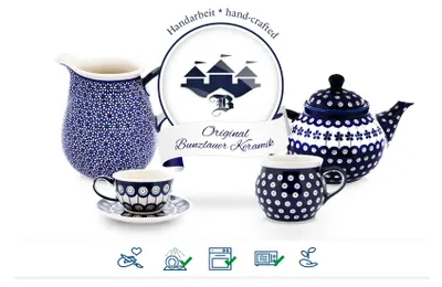 A collection of ceramic tableware, including a pitcher, teapot, and cup and saucer, decorated with blue and white patterns. A logo and text are overlaid on the image.