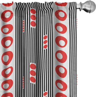 Produktbild von ABAKUHAUS Gitter Vorhänge, Gardinen, Vertikal gestreiftes Muster mit Kreisen und Punkte Minimalistic Retro, 2 Stück 75 x 245 cm, Dunkler Coral Schwarz