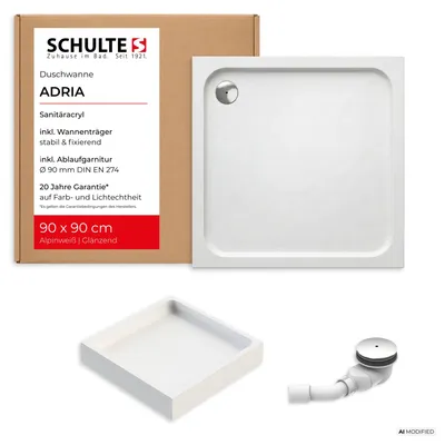 Immagine prodotto di Piatto doccia Schulte Adria con supporto e scarico, 90x90 cm, acrilico, bianco lucido, di facile manutenzione e resistente all'invecchiamento