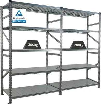 Produktbild von Fachbodenregal PROXIMO mit  Stecksystem | Komplettregal | HxBxT 200x240x70cm | 5 Ebenen | Fachlast 200 kg | Beidseitig nutzbar | Verzinkt