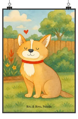 Produktbild von Mr. & Mrs. Panda Bild Hund Glück Design DIN A5 - Weiß - Geschenk, drucke, wanddeko, Herz, Wandbild, Spruch, Liebe, Corgie, Kunstdruck, Sprüche, Plakat