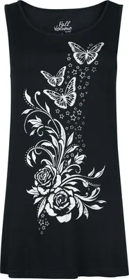 Produktbild von Full Volume by EMP Damen schwarzes Top mit Schmetterling und Rosen Frontprint L