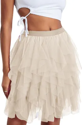 Produktbild von ASKSA Damen Tuellrock Kurzer Tuell Petticoat Unterrock High Waist A-Linie Tutu Rock Minirock Faschingskostueme Tuetue Rock fuer Halloween Fasching Karneval Kostuem Party,Aprikose