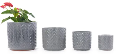 Productafbeelding van Keramische plantenpot, diameter 20 cm, met visgraatreliëf, ademend, met drainagegat. Kleur: grijze as
