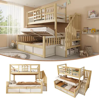 Produktbild von Kinder-Etagenbett 90x200 & 140x200 cm Weiß-Eiche Kiefernholz, Hüttenstil Familienbett mit Treppe Stauraum & Hydraulik-Bettkasten, EN747 (Ohne Matratze)