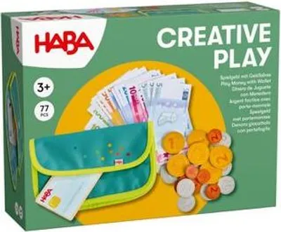 The image shows the packaging of a HABA Creative Play Spielgeld set, which includes play money and a wallet.