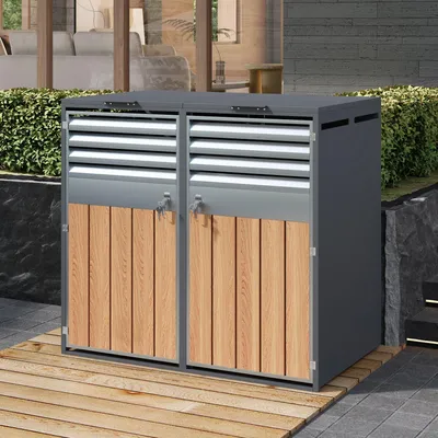 Produktbild von Merax Mülltonnenbox mit Klappdeckel, Mülltonnenverkleidung mit Lüftungsschlitze und Holzoptik, 2 Fächer, abschließbare Müllbox für Garten