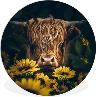 Produktbild von MuchoWow® Rundes Wandbild - Runde Bilder Schottische Highlander - Blumen - Kuh - Botanisch - Tiere Ø 30 cm Kreis Wanddekoration Kunststoff - Wandkreis - Wandschmuck - Schlafzimmer - Bilder - Der Kreis - Kunst für die Wohnung - Plastik - Kunstdruck - Wandbild