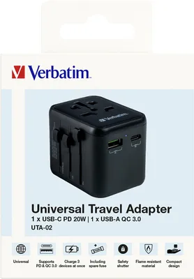 Obrázok produktu pre VERBATIM 49544 Nabíjací adaptér Universal Travel - UTA-02, prípojky USB typu A/C a napájacia zástrčka, čierny