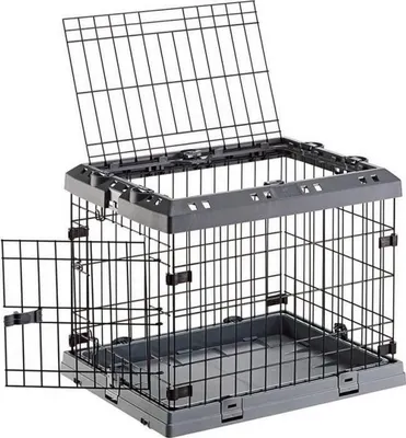 A dog crate with the top and front doors open.