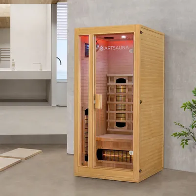 Produktbild von Artsauna Infrarotkabine Nyborg S90V - Infrarotsauna Vollspektrumstrahler, LED-Farblicht & große Glastür - Wärmekabine für 1 Person 90 x 90 cm