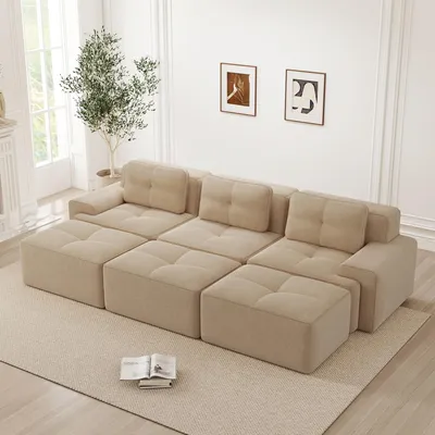 Produktbild von Rahmenloses Ecksofa aus weichem Cordstoff, modular mit Schlaffunktion und 3 Hockern, 3-Sitzer-Wohnzimmersofa