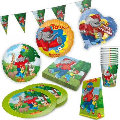 Produktbild von Benjamin Blümchen Partyset 61-tlg – Teller, Becher, Servietten, Ballons & Tüten