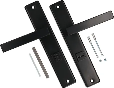 A set of black door handles and mounting hardware are laid out on a white background.