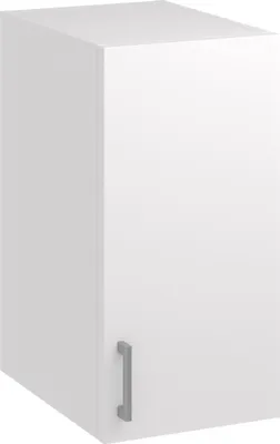 A white kitchen cabinet with a silver handle.