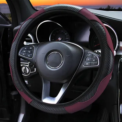 Obrázek produktu pro 38CM potah volantu ve stylu uhlíkových vláken s elastickým úchopem, protiskluzový, pro auto, černý, vínově červený