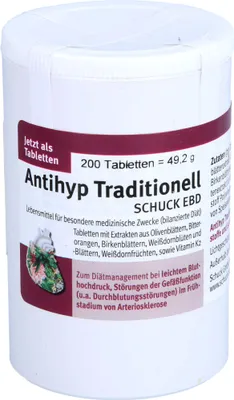 Zdjęcie produktu dla Antihyp Traditionell SCHUCK EBD Tabletki na łagodne nadciśnienie i zaburzenia czynności naczyń, 200 tabletek