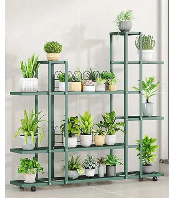 Immagine prodotto di Portavasi - H9037 Scaffale per fiori - Interno/Esterno - Con rotelle - Design angolare - A più ripiani - Metallo - Da montare - Verde