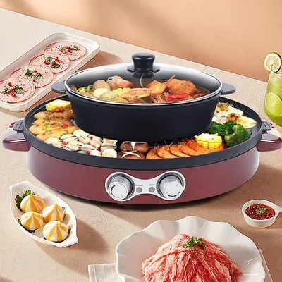 Zdjęcie produktu dla Hot pot i patelnia grillowa Patelnia grillowa z powłoką nieprzywierającą, elektryczna z regulacją temperatury 2 w 1 Elektryczny grill stołowy Podwójna przegroda Wielofunkcyjna