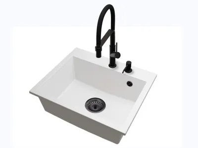 Produktbild von Granit Küchenspüle EXCLUSIVE 55 Einbecken Set mit Armatur, Seifenspender und Siphon Schwarz