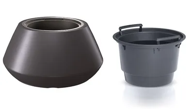 Two dark-colored containers are shown against a white background. The container on the left is conical with a metallic rim. The container on the right is a bucket with two handles.