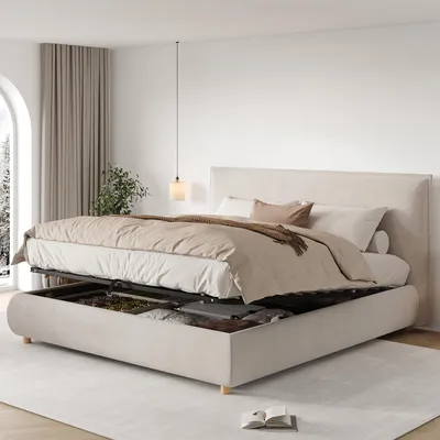 Immagine prodotto di Letto imbottito 180 x 200 cm, con cassetto estraibile, sistema di sollevamento idraulico, testiera imbottita, rete a doghe, rivestito in velluto, colore crema