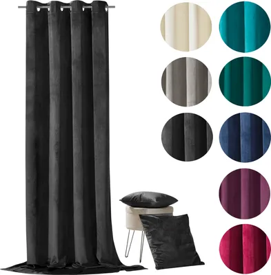 Produktbild von heimtexland ® Samt Deko Kissen Vorhang Velour Ösen Gardine Blickdicht Typ641 Schwarz Ösenschal