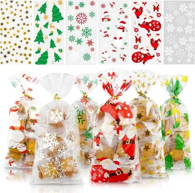 Produktbild von 120 Weihnachten Plätzchentüten mit Twist Krawatten - Transparente Süßigkeitentüten
