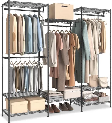 Produktbild von SONGMICS Kleiderständer, offener Kleiderschrank, Garderobe aus Metall, Garderobenständer mit verstellbaren Ablagen und Kleiderstangen, Haken
