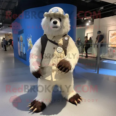 Produktbild von Cremefarbenes REDBROKOLY Faultier-Bär Maskottchen Kostüm gekleidet mit einem grafischen T-Shirt und Baskenmützen