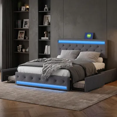 Zdjęcie produktu dla Łóżko tapicerowane INONEFT, 180x200 cm, z 4 szufladami, łóżko młodzieżowe/podwójne z podświetleniem LED i portami USB/Type-C, łóżko z pojemnikiem na pościel, rama łóżka z litego drewna, stelaż, len, kolor szary