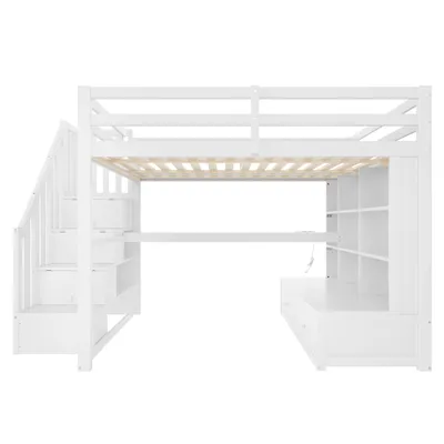 Produktbild von Flieks Etagenbett 140x200cm mit Schreibtisch und Regal, Kinderbett Doppelbett mit Led und Ladefunktion, Hochbett Holzbett mit Rausfallschutz, Weiß