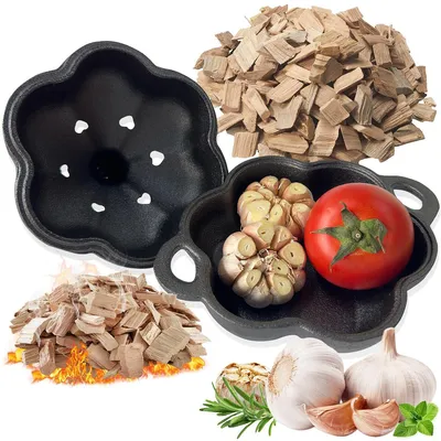 Produktbild von Gusseisen Räucherbox Grill mit Knoblauchröster, BBQ Räucherbräter für Fleisch Gemüse Ofen und Grill